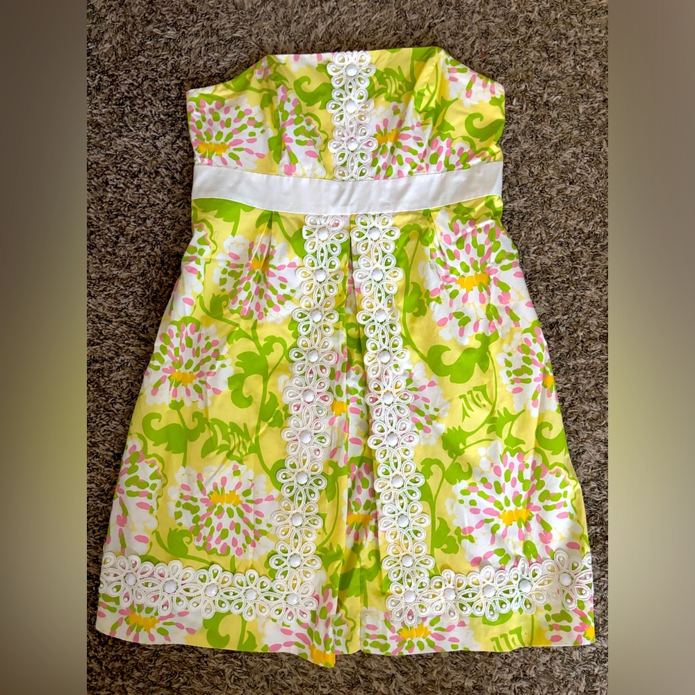Lilly Pulitzer Green Yellow Floral in the Leaves Strapless Dress